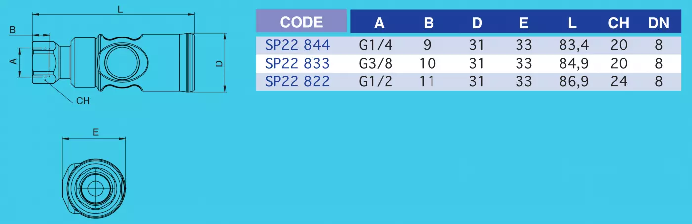 Coupleur pneumatique sécurité plastique ISO-B femelle 3/8" DN8 mm