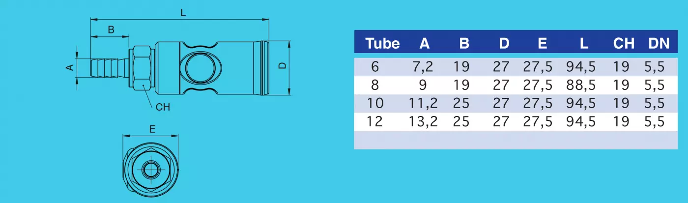Coupleur pneumatique sécurité plastique ISO-B cannelée DN5,5