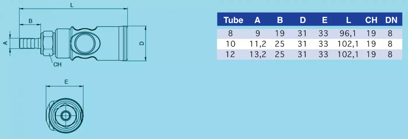 Coupleur pneumatique sécurité plastique ISO-B cannelée DN8